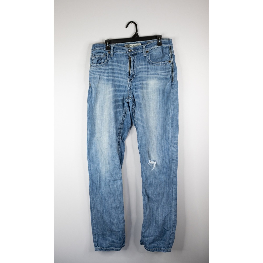 BKE Tyler Straight Jeans Mens 34L Light Wash Blue‎ Good Distressed ABM2400